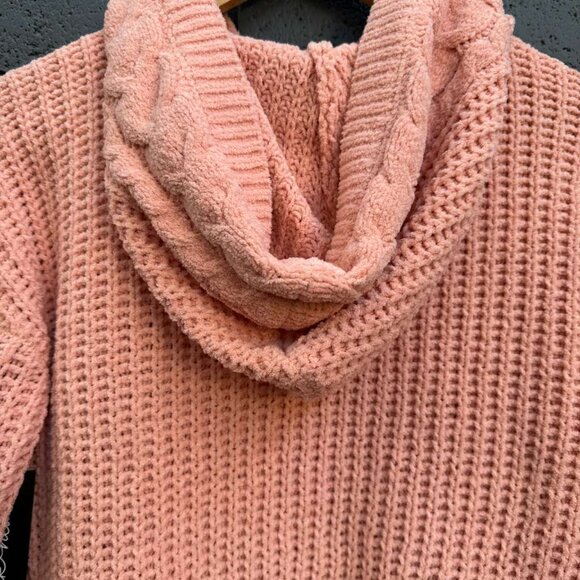 Derek Heart Chunky Chenille Cable Knit Cardigan Sweater Hooded S Coral Button Up - Picture 3 of 15